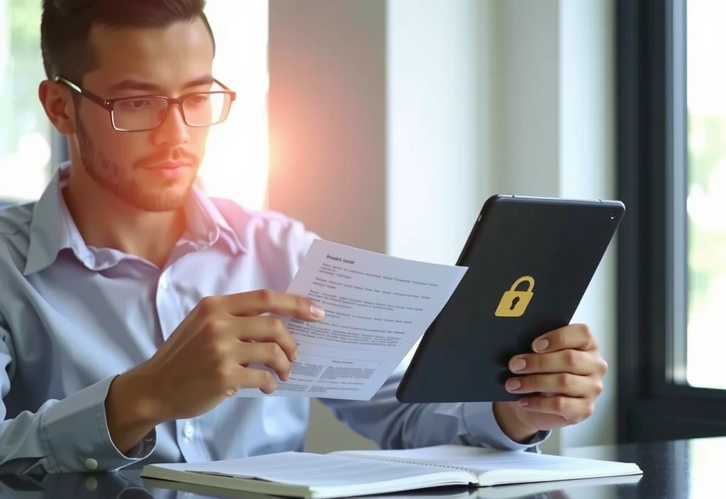 Una persona che legge documenti legali su un tablet, simboleggiando la protezione dei dati e la privacy.